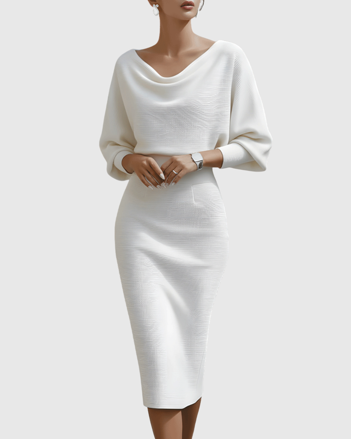 Ismeria | Robe Midi Drapée Blanche à Manches Chauve-Souris