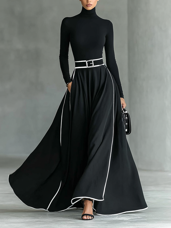 Robe maxi noire à coutures blanches
