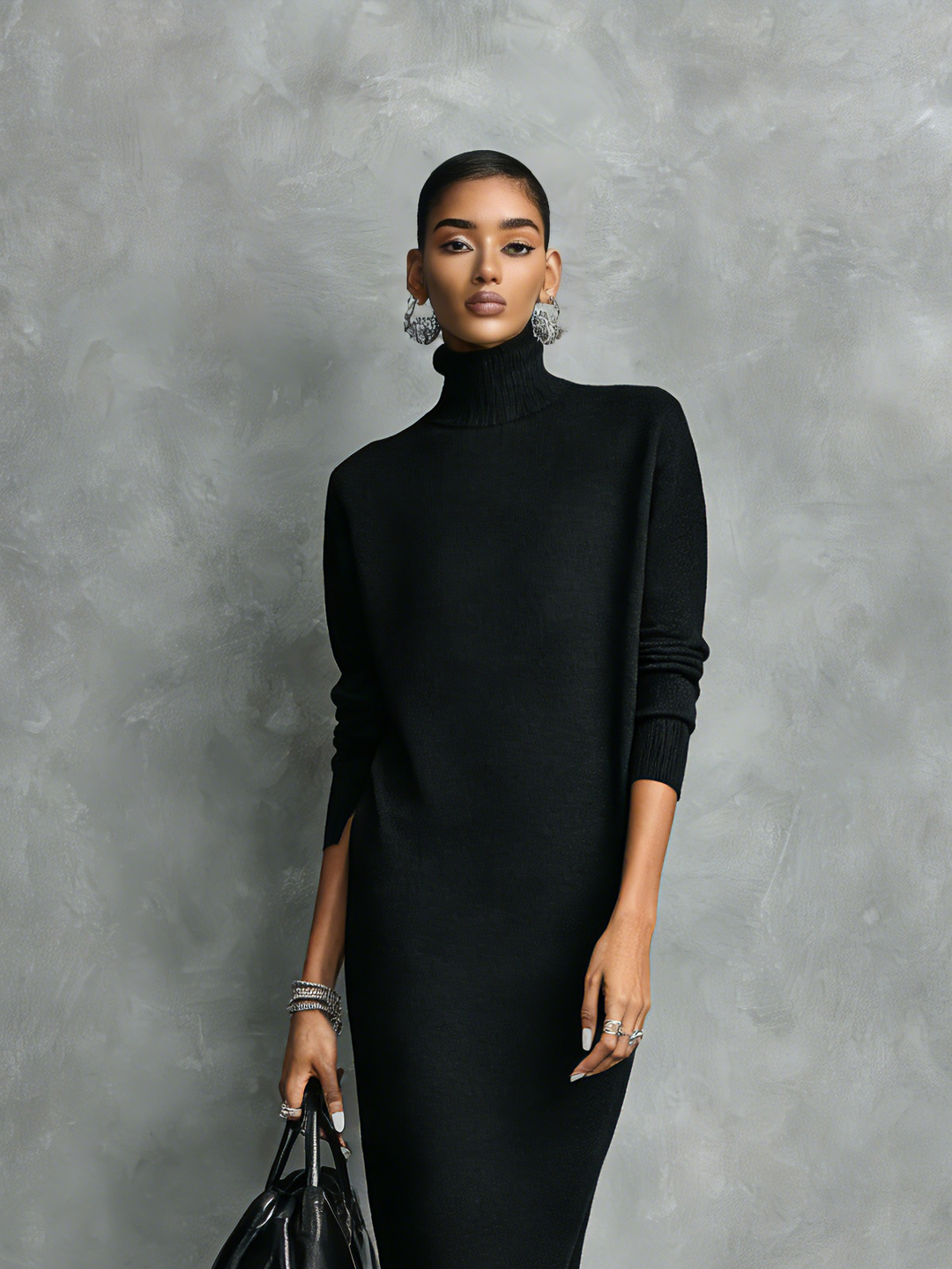 Robe midi noire en maille à col montant