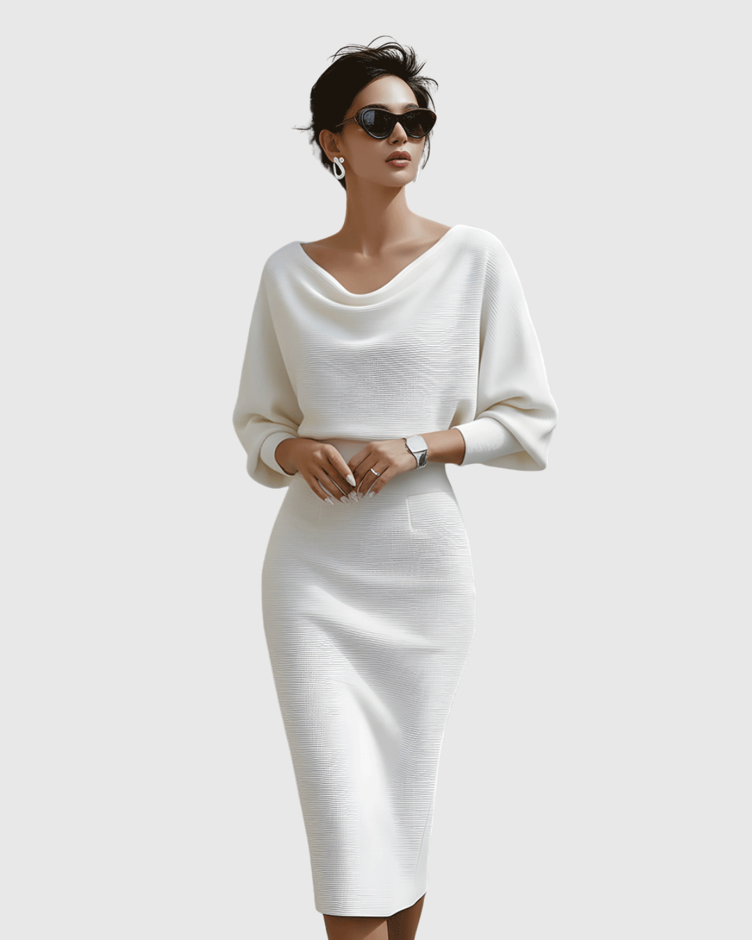 Ismeria | Robe Midi Drapée Blanche à Manches Chauve-Souris