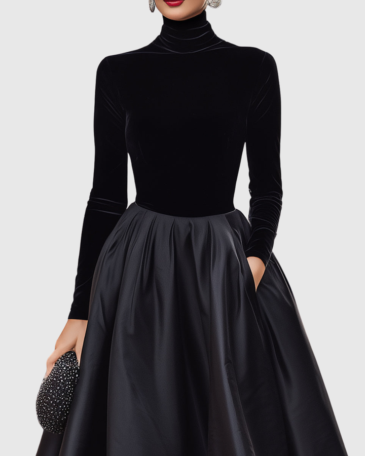 Aradia - Robe Midi Élégante en Velours Noir et Satin