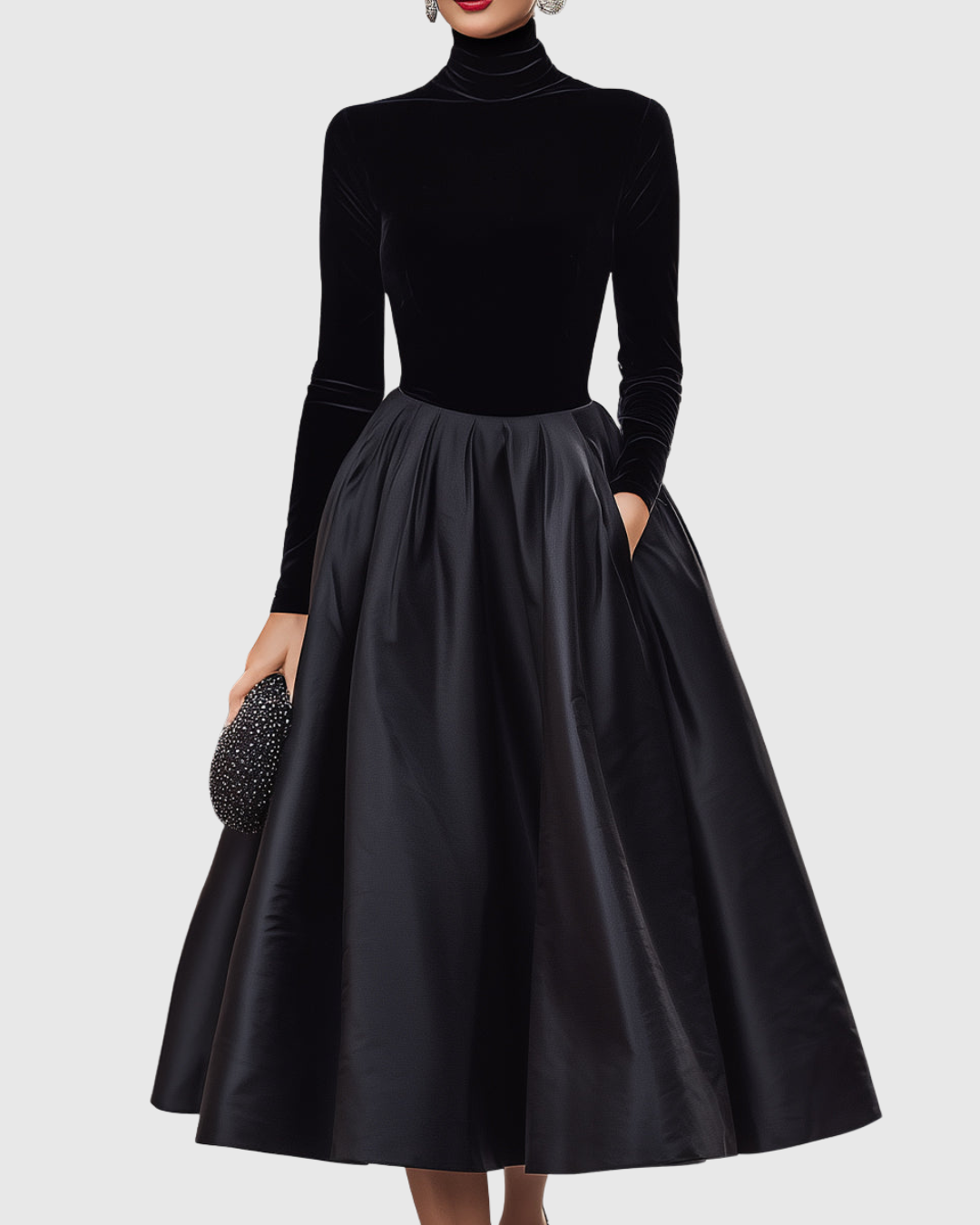 Aradia - Robe Midi Élégante en Velours Noir et Satin