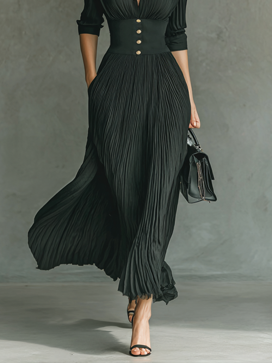 Robe maxi plissée à col revers
