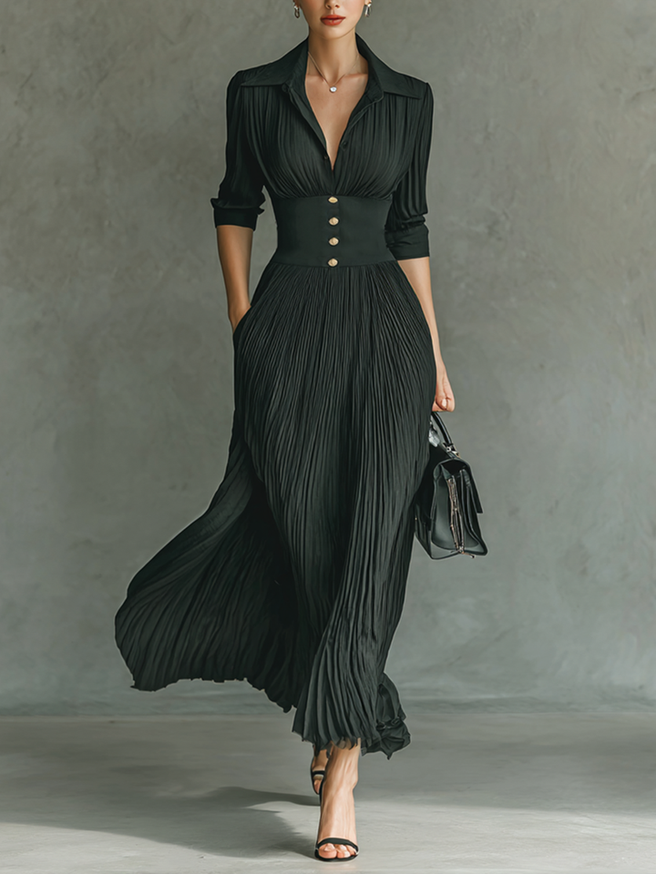 Robe maxi plissée à col revers