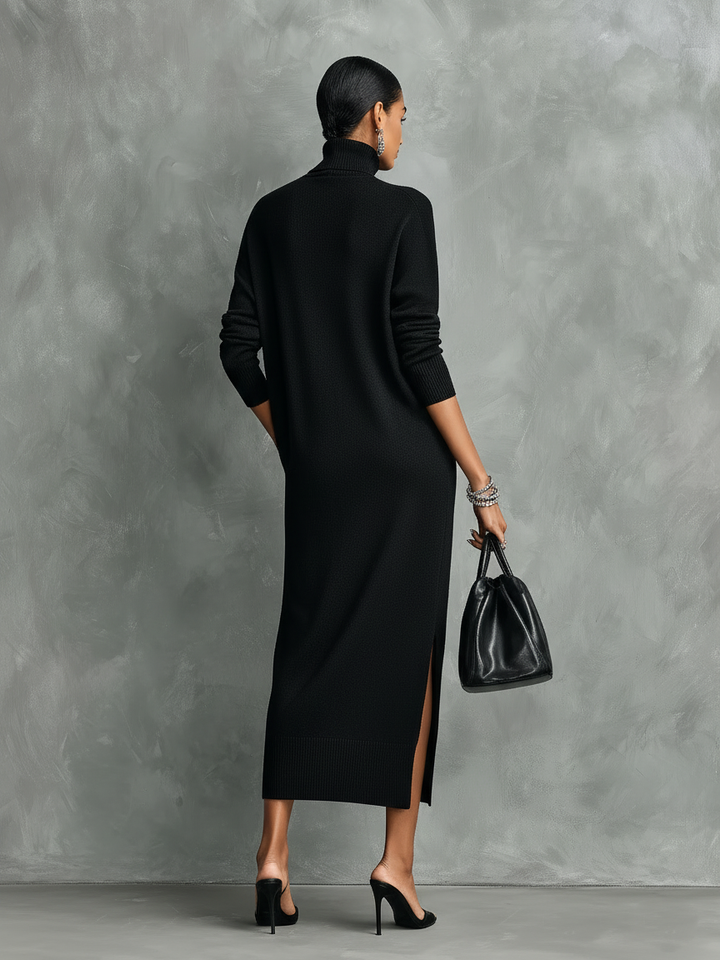 Robe midi noire en maille à col montant