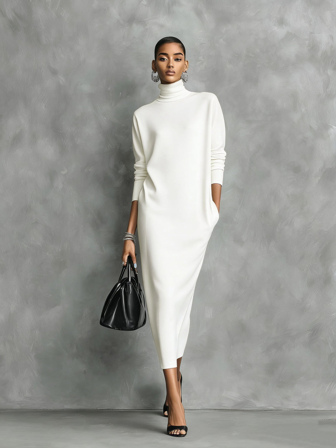 Robe midi noire en maille à col montant