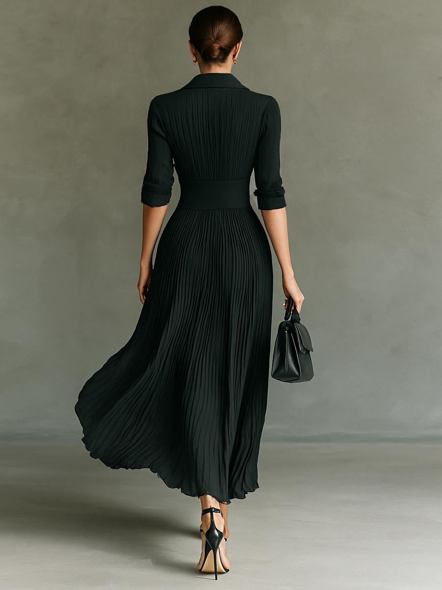 Robe maxi plissée à col revers