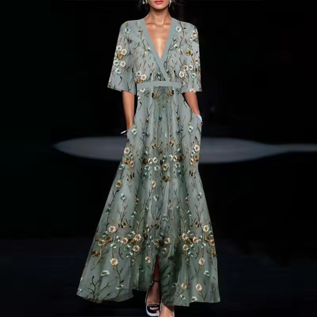 Fiona - Robe Longue à Manches Longues Florale Chic