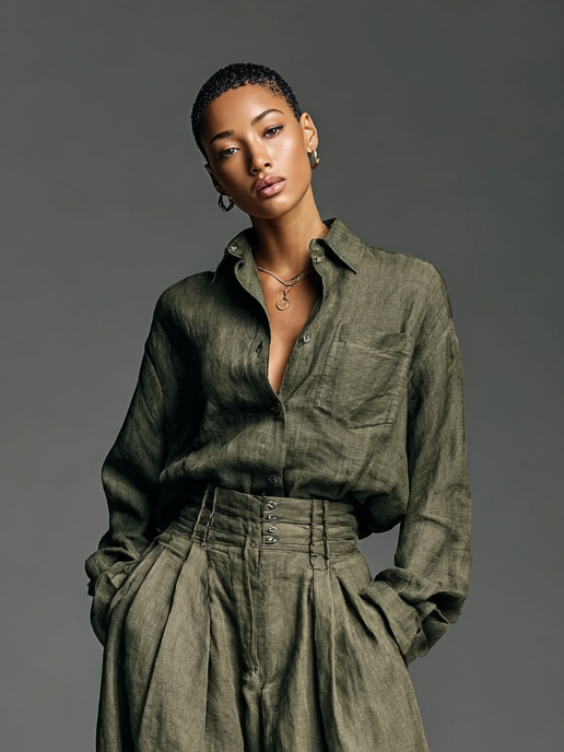 Ensemble chemise et pantalon large en coton-lin